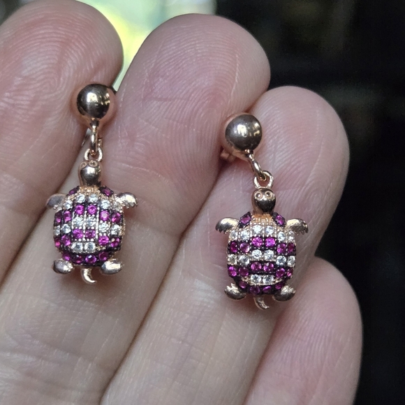 Ruby & white topaz Sterling & gold turtle earnings - Picture 9 of 13